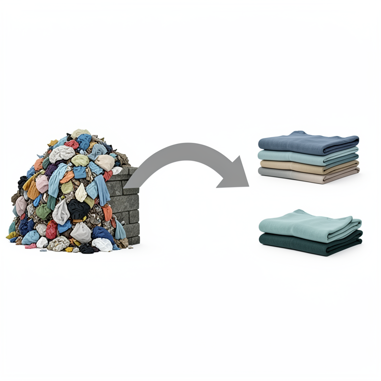 AI-generated conceptual illustration (recycled textile garments and clothing waste). It explains the idea and does not show study data.