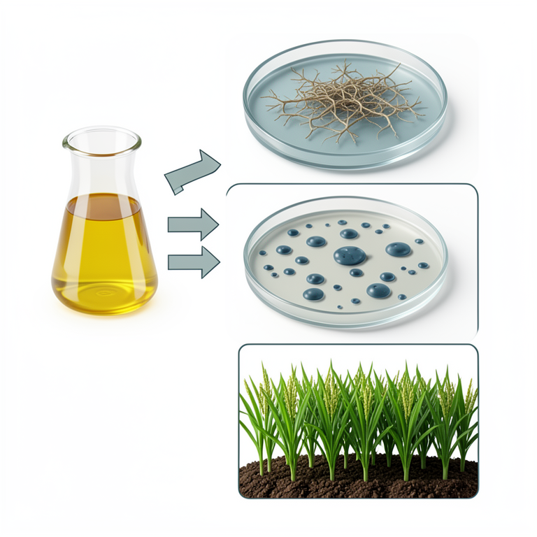 AI-generated conceptual illustration (cow urine, rice plants (Oryza sativa L.), petri dishes with fungal and bacterial colonies). It explains the idea and does not show study data.