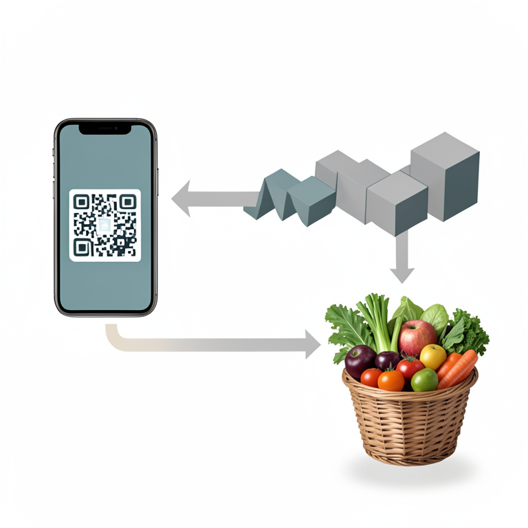 AI-generated conceptual illustration (A basket of fresh vegetables and fruits next to a smartphone displaying a digital payment interface). It explains the idea and does not show study data.