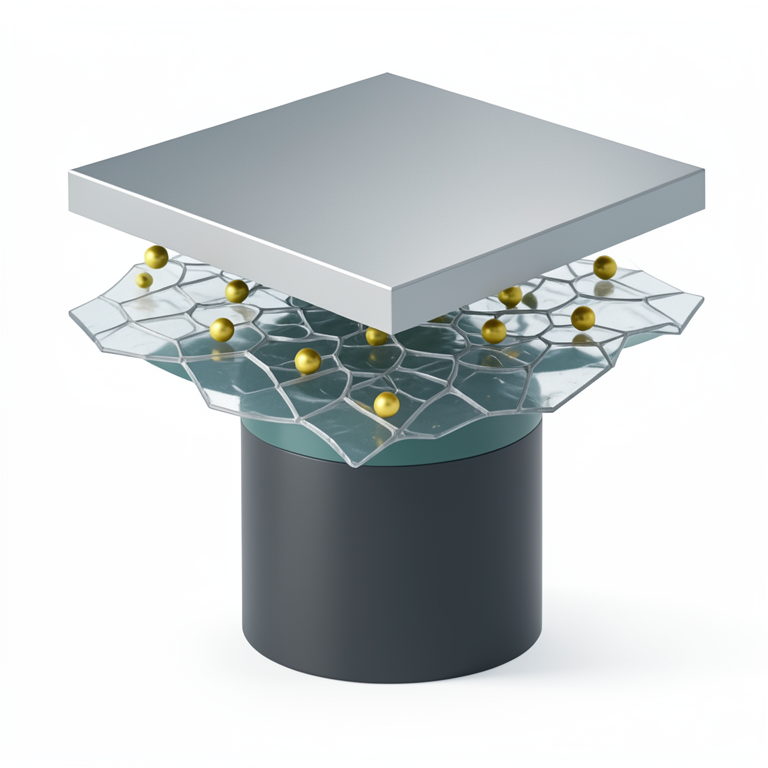 AI-generated conceptual illustration (glassy carbon electrode modified with reduced graphene oxide, gold nanoparticles, and a bismuth film). It explains the idea and does not show study data.
