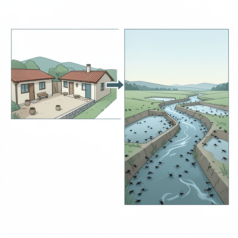 AI-generated conceptual illustration (Culex tritaeniorhynchus mosquitoes and rural breeding habitats). It explains the idea and does not show study data.