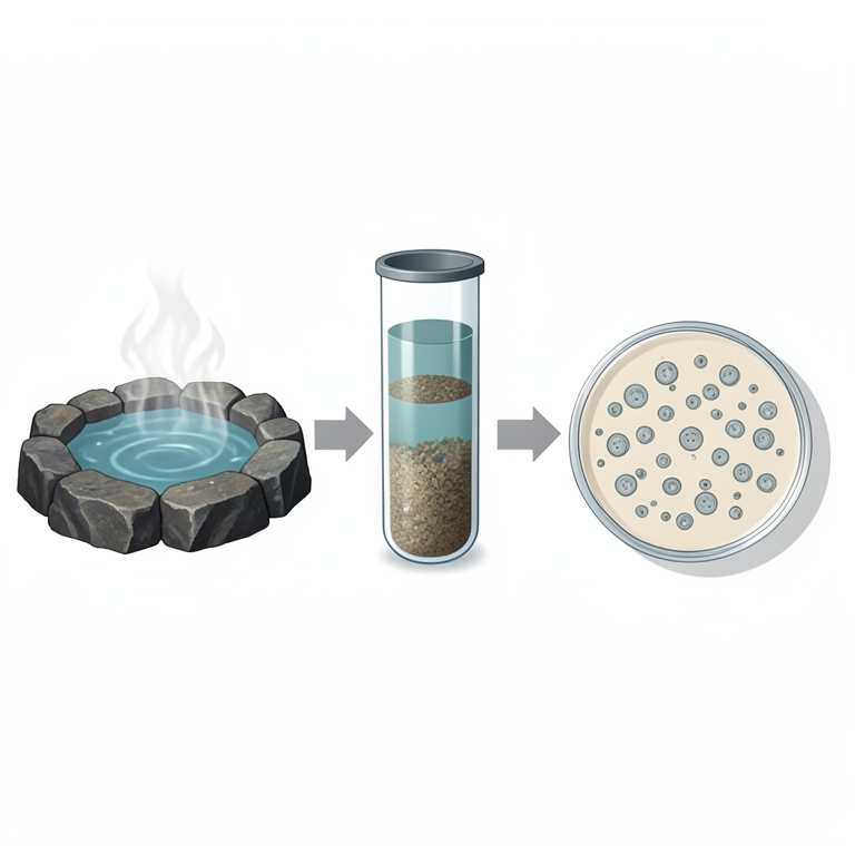 AI-generated conceptual illustration (thermophilic bacteria from hot spring water and sediment). It explains the idea and does not show study data.