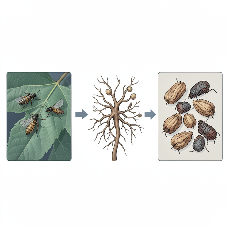 AI-generated conceptual illustration (Walnut trees and associated pests (aphids, larvae, and flies) in a pitch lake environment). It explains the idea and does not show study data.