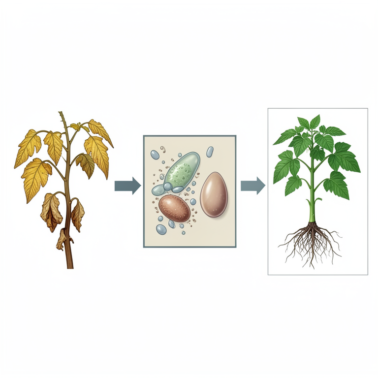 AI-generated conceptual illustration (Tomato plants infected with Ralstonia solanacearum). It explains the idea and does not show study data.