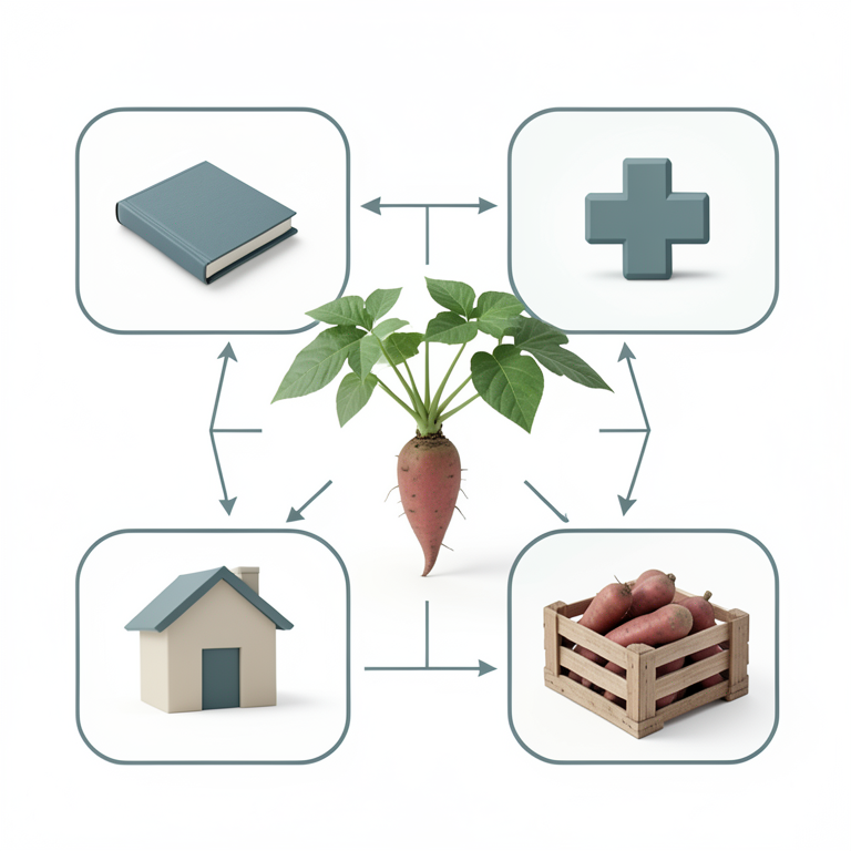 AI-generated conceptual illustration (sweet potato plants and farming tools). It explains the idea and does not show study data.