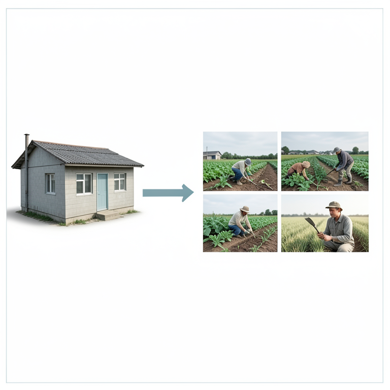 AI-generated conceptual illustration (Rural bank building and small-scale farmers in a rural agricultural landscape). It explains the idea and does not show study data.