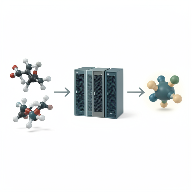 AI-generated conceptual illustration (benzoxazole chemical structures and computer servers). It explains the idea and does not show study data.
