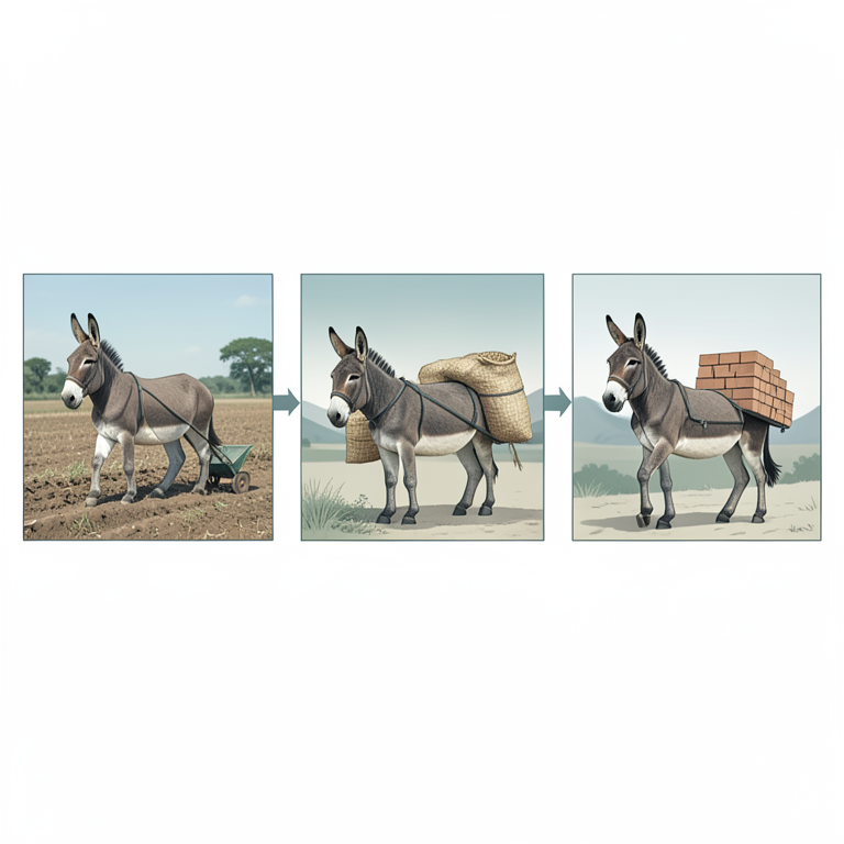 AI-generated conceptual illustration (donkeys in a rural Indian village setting). It explains the idea and does not show study data.