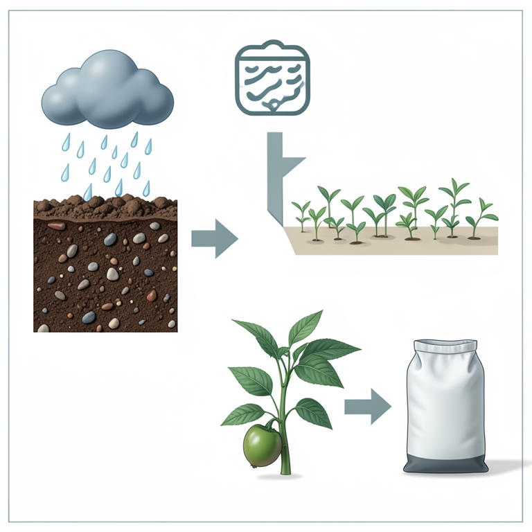 AI-generated conceptual illustration (Agricultural soil and diverse crop plants). It explains the idea and does not show study data.