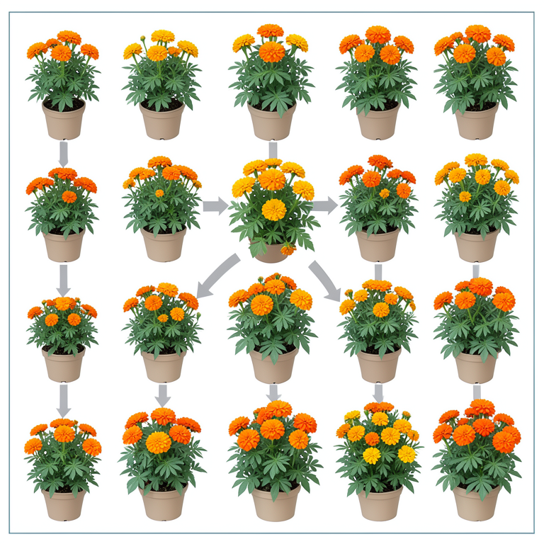 AI-generated conceptual illustration (French marigold (Tagetes patula) plants). It explains the idea and does not show study data.