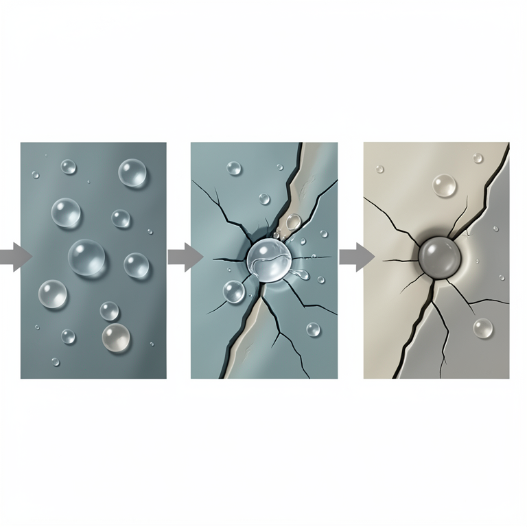 AI-generated conceptual illustration (A cross-section of a polymer coating on a metal substrate containing microcapsules). It explains the idea and does not show study data.