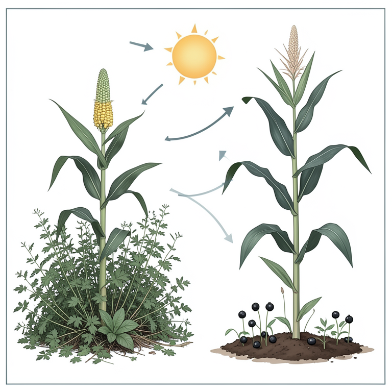 AI-generated conceptual illustration (sweet corn plants and blackgram intercrop). It explains the idea and does not show study data.