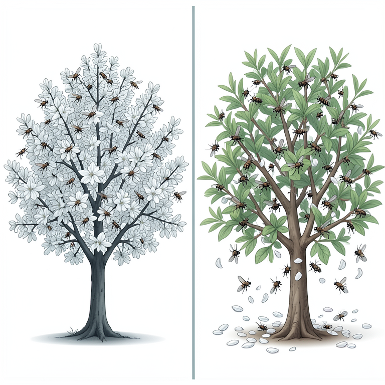 AI-generated conceptual illustration (Almond trees (Prunus dulcis) and Cimbex quadrimaculata sawflies). It explains the idea and does not show study data.