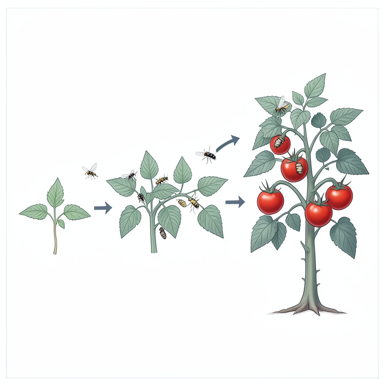 AI-generated conceptual illustration (Tomato plants (Solanum lycopersicum L.) and associated insect pests). It explains the idea and does not show study data.