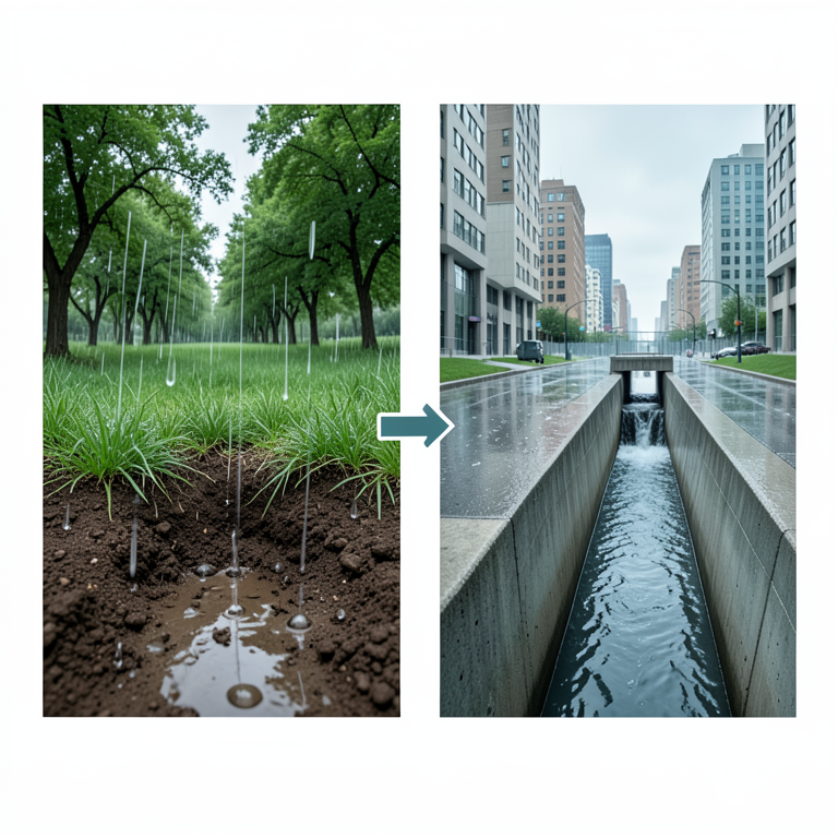 AI-generated conceptual illustration (Greater Jakarta landscape transitioning from natural soil to urban concrete). It explains the idea and does not show study data.