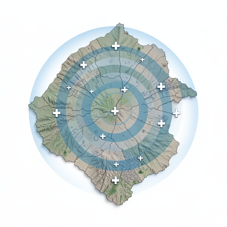 AI-generated conceptual illustration (A geographical map of Madurai district with primary health care centers). It explains the idea and does not show study data.