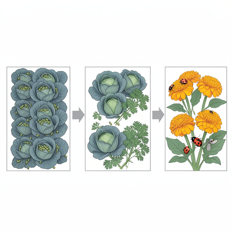 AI-generated conceptual illustration (Cabbage plants, coriander plants, marigold flowers, diamondback moth larvae, and ladybugs). It explains the idea and does not show study data.