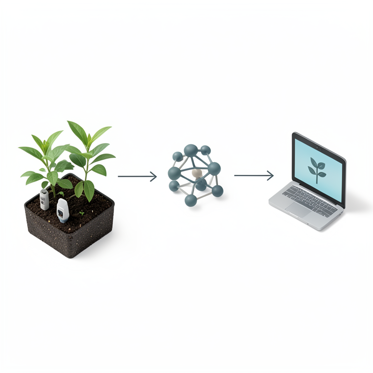AI-generated conceptual illustration (garden plants in a smart irrigation system). It explains the idea and does not show study data.