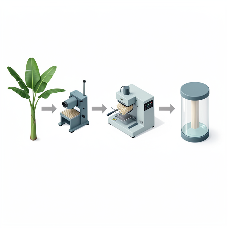 AI-generated conceptual illustration (banana plant stems and industrial fiber extraction machinery). It explains the idea and does not show study data.