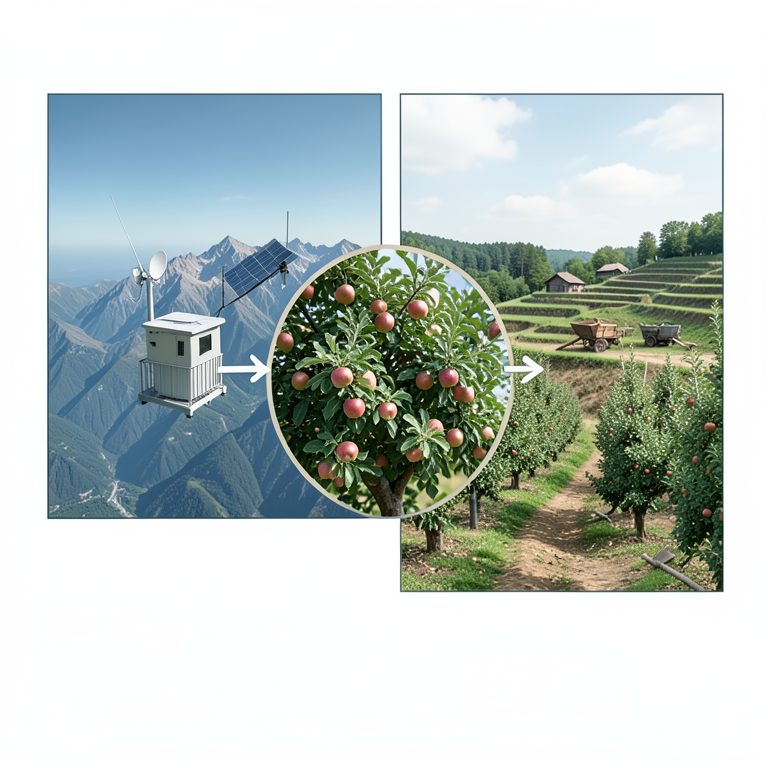 AI-generated conceptual illustration (Apple orchards in the Himalayan mountains of Himachal Pradesh). It explains the idea and does not show study data.