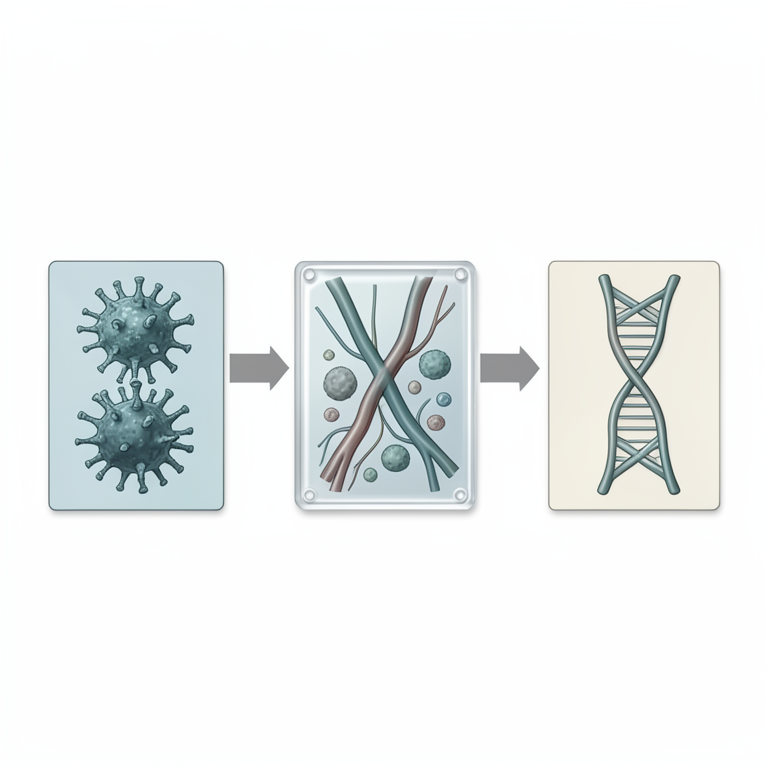 AI-generated conceptual illustration (A clear polymer microfluidic chip and biological samples). It explains the idea and does not show study data.