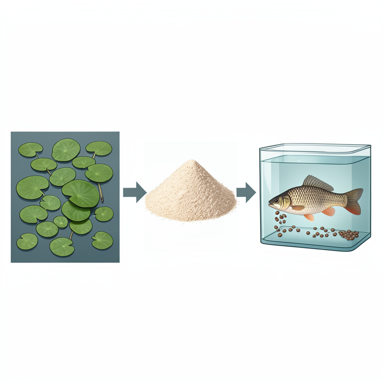 AI-generated conceptual illustration (Duckweed and water hyacinth plants, processed protein powder, and tilapia fish). It explains the idea and does not show study data.