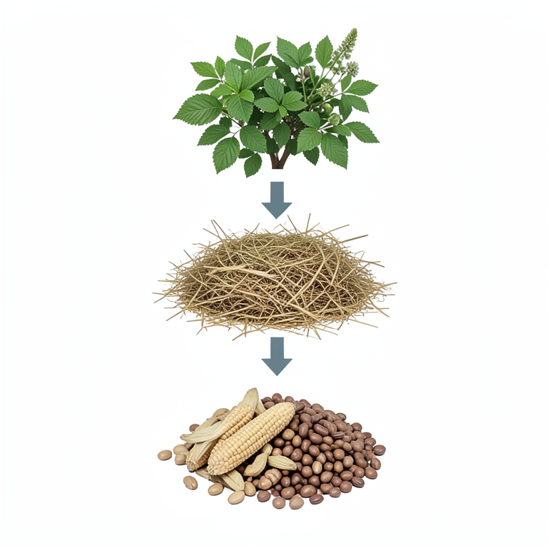 AI-generated conceptual illustration (dairy cattle feed resources (fodder trees, legumes, roughages, and crop residues)). It explains the idea and does not show study data.
