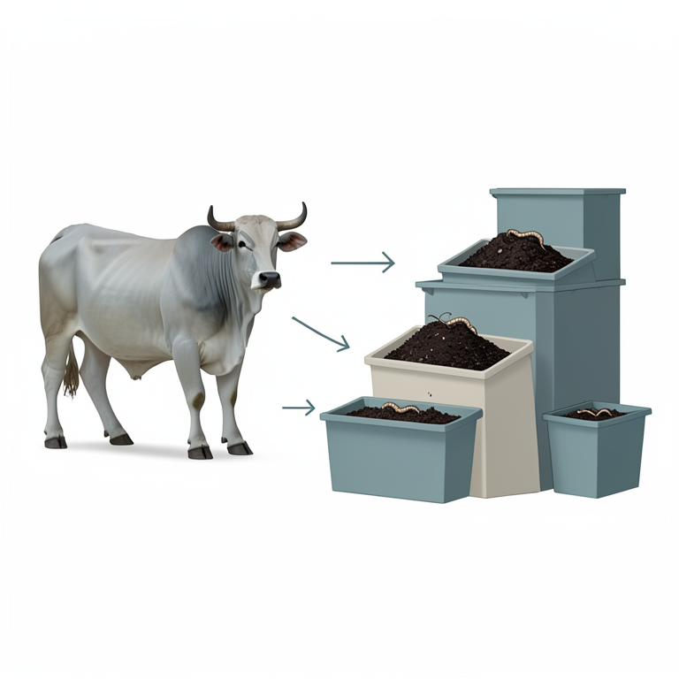 AI-generated conceptual illustration (Kangayam cattle and vermicompost bins). It explains the idea and does not show study data.