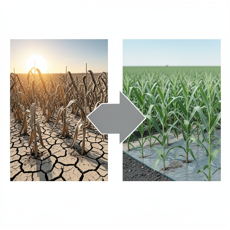 AI-generated conceptual illustration (Dryland farming crops in a semi-arid landscape). It explains the idea and does not show study data.