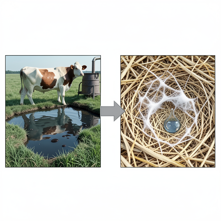 AI-generated conceptual illustration (Cattle and mycelium fungi growing on agricultural waste). It explains the idea and does not show study data.