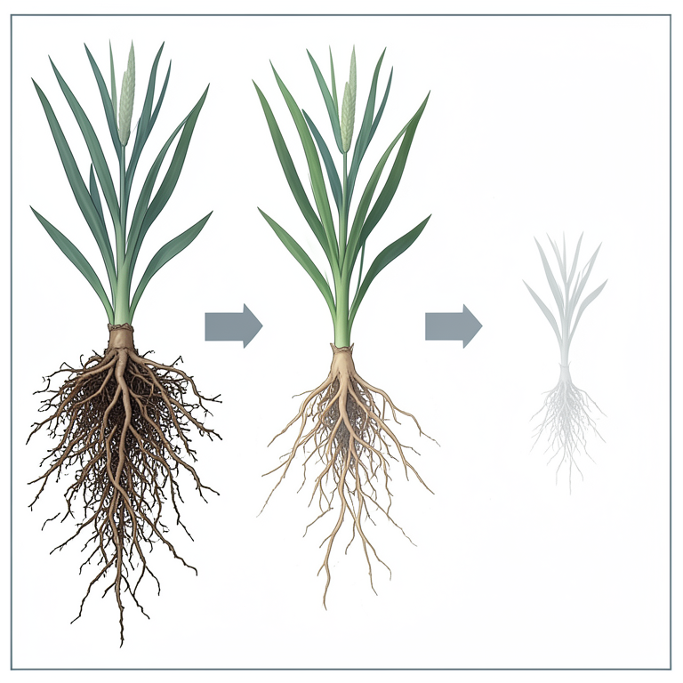 AI-generated conceptual illustration (barley roots with arbuscular mycorrhizal fungi in soil). It explains the idea and does not show study data.