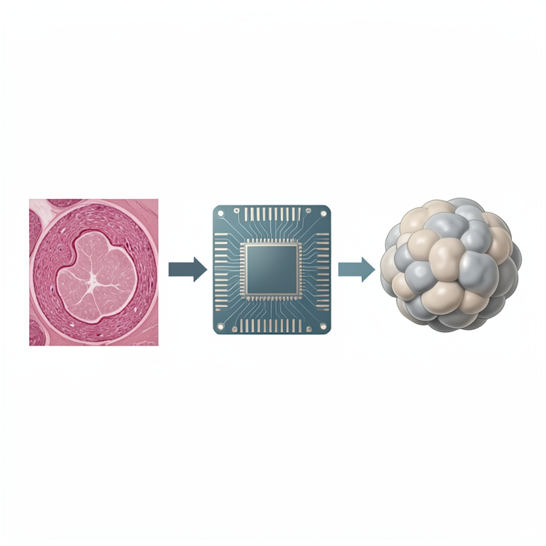AI-generated conceptual illustration (human biopsy tissue and a quantum processor). It explains the idea and does not show study data.