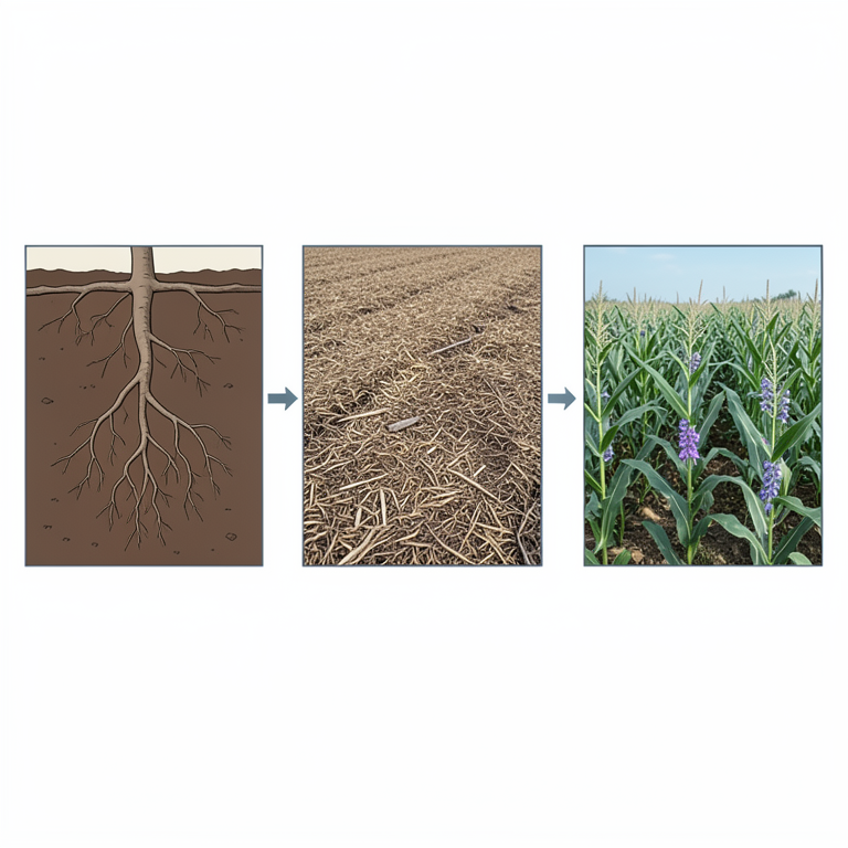 AI-generated conceptual illustration (Tropical maize and legume crops in soil). It explains the idea and does not show study data.