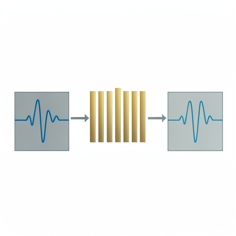 AI-generated conceptual illustration (A mathematical signal processing schematic represented by abstract geometric waveforms and operator blocks). It explains the idea and does not show study data.