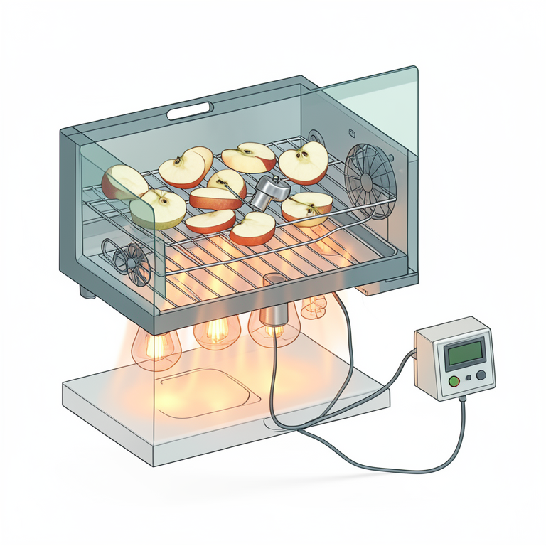 AI-generated conceptual illustration (a rectangular food dehydrator containing sliced apple pieces). It explains the idea and does not show study data.