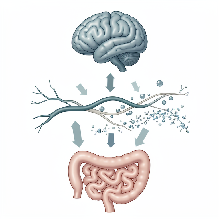 AI-generated conceptual illustration (human brain and gastrointestinal tract). It explains the idea and does not show study data.