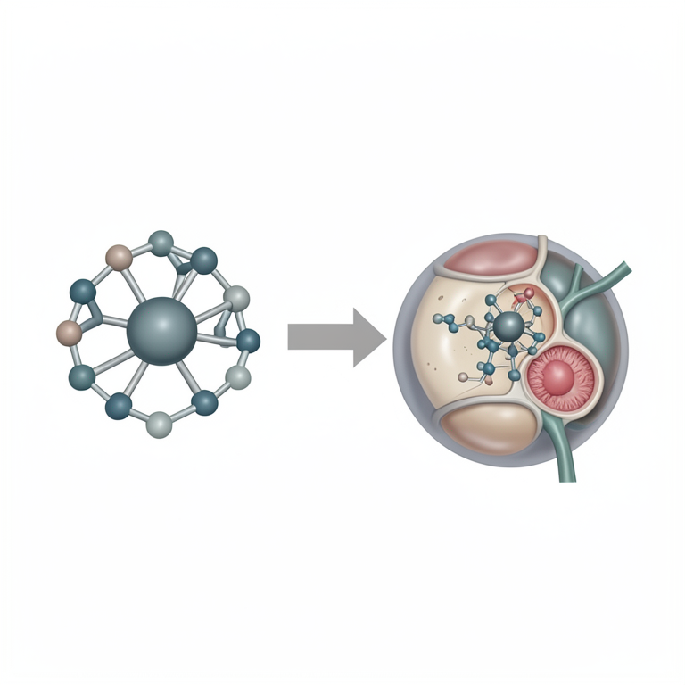 AI-generated conceptual illustration (transition metal coordination complex and a cancer cell). It explains the idea and does not show study data.