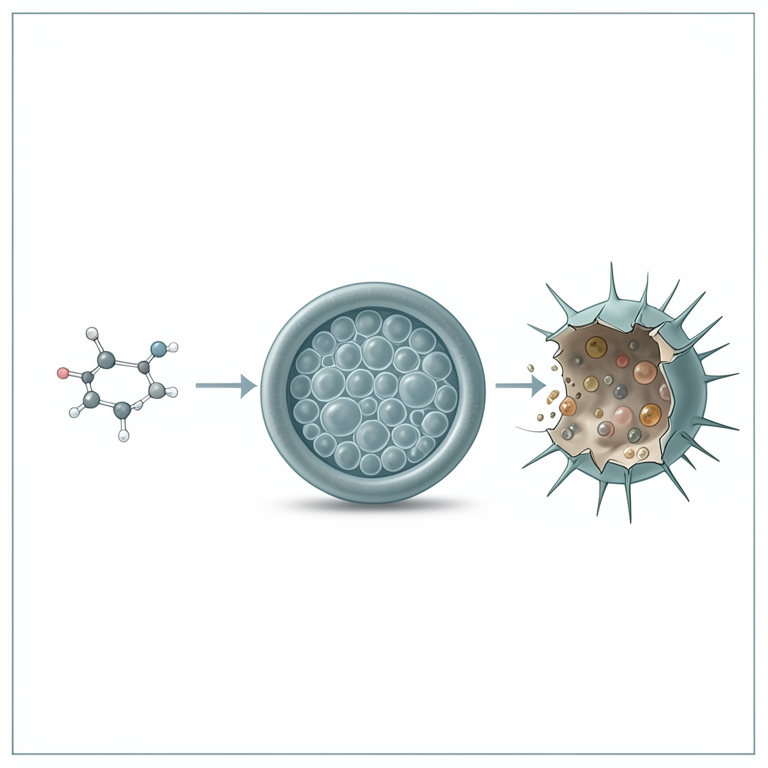 AI-generated conceptual illustration (Cinnamomum verum bark essential oil molecules and a bacterial cell). It explains the idea and does not show study data.