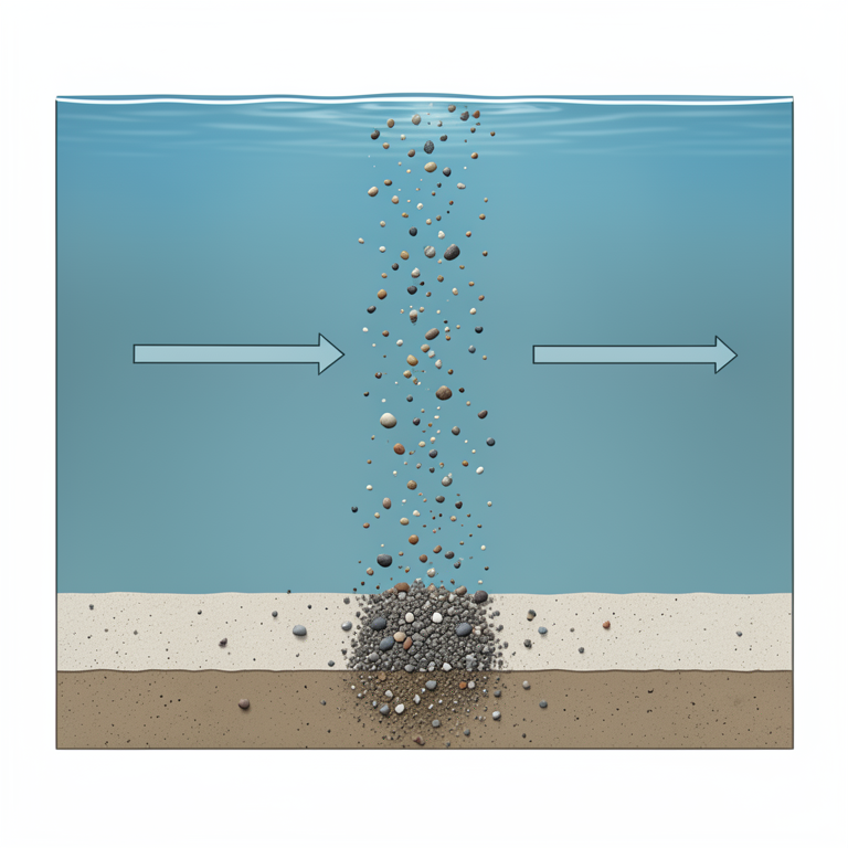 AI-generated conceptual illustration (lake sediment particles in a freshwater reservoir). It explains the idea and does not show study data.