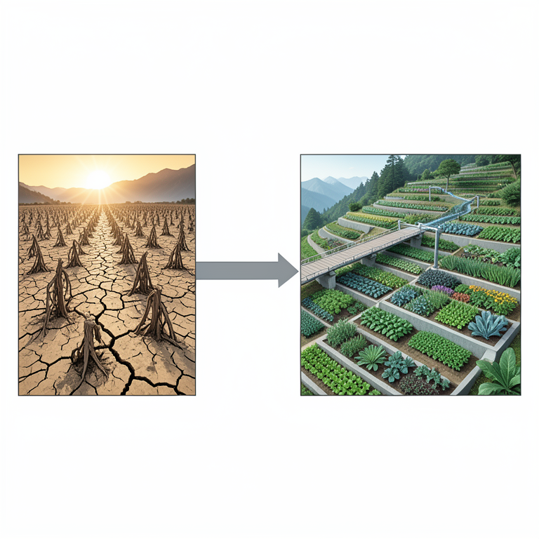 AI-generated conceptual illustration (Terraced farms in the Himalayan mountains of Uttarakhand). It explains the idea and does not show study data.