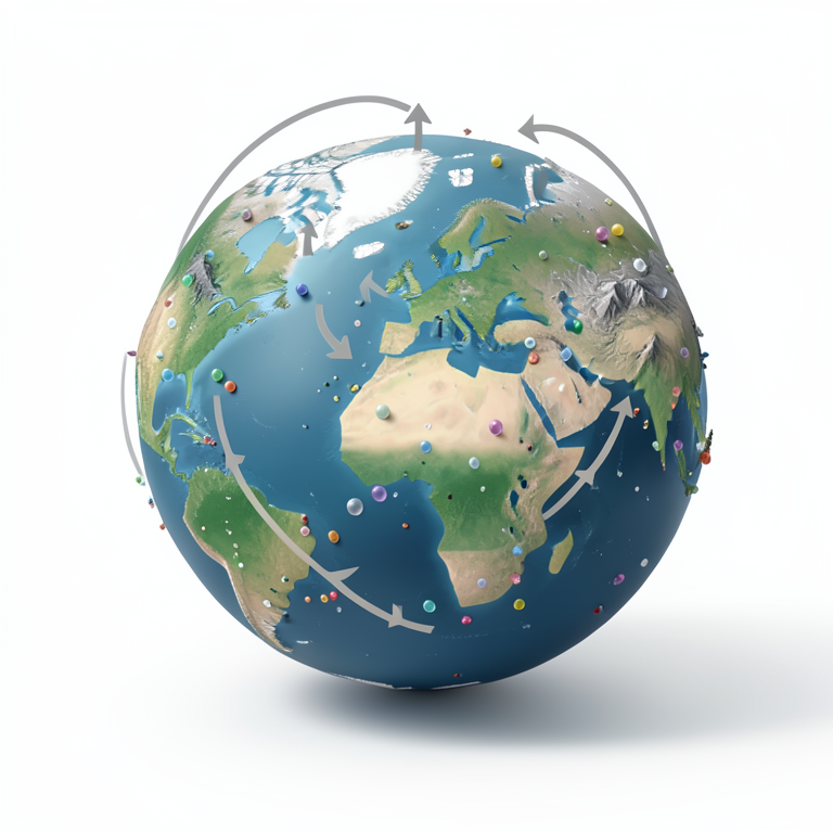 AI-generated conceptual illustration (a globe showing oceans, continents, polar ice caps, and high mountain ranges). It explains the idea and does not show study data.