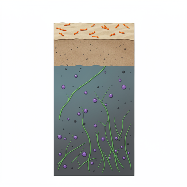 AI-generated conceptual illustration (mangrove sediment column). It explains the idea and does not show study data.