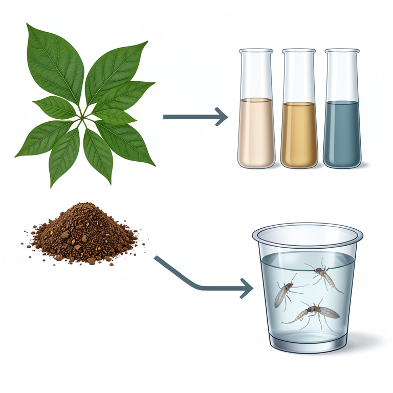 AI-generated conceptual illustration (Azadirachta indica leaves and Anopheles gambiae larvae). It explains the idea and does not show study data.