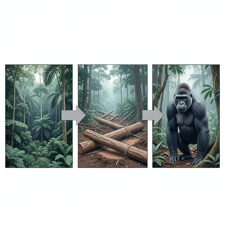 AI-generated conceptual illustration (Cross River gorilla (Gorilla gorilla diehli) in a tropical rainforest). It explains the idea and does not show study data.
