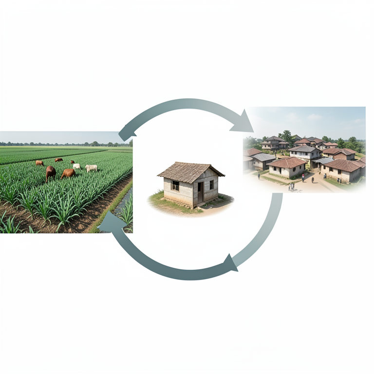 AI-generated conceptual illustration (An Indian agricultural farm landscape with a small guest cottage and a nearby village settlement). It explains the idea and does not show study data.