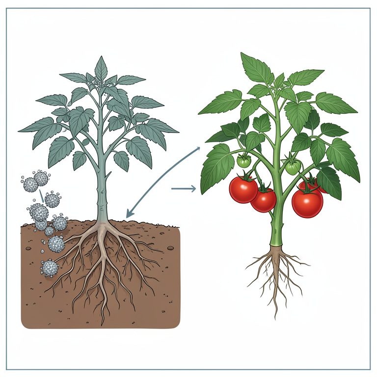 AI-generated conceptual illustration (tomato plants and Azotobacter bacteria in soil). It explains the idea and does not show study data.