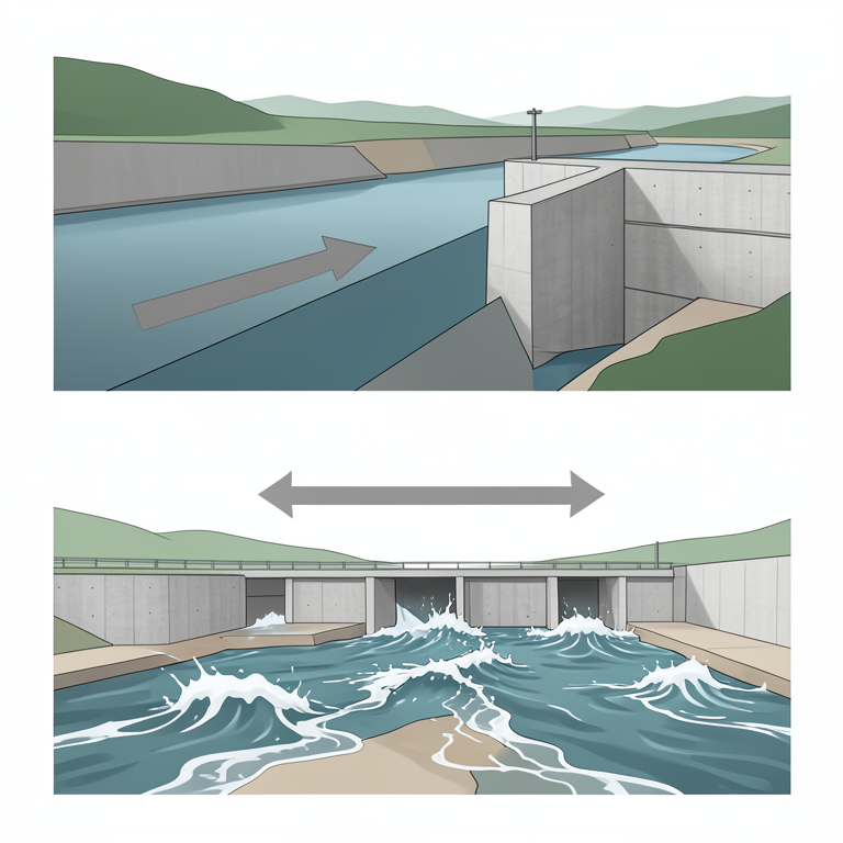 AI-generated conceptual illustration (A river flowing into a concrete reservoir dam). It explains the idea and does not show study data.