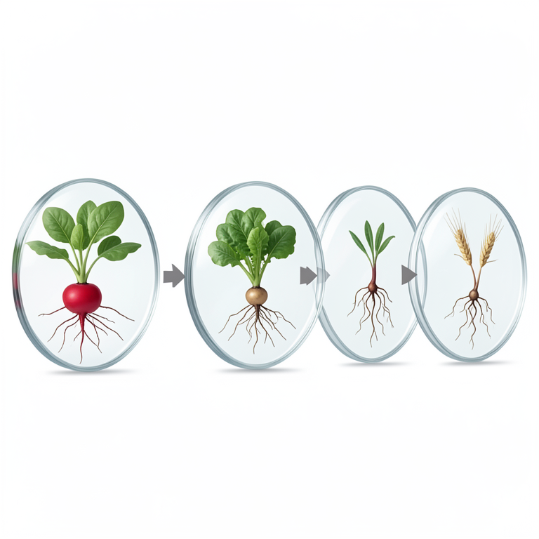 AI-generated conceptual illustration (radish, lettuce, and wheat seeds in petri dishes). It explains the idea and does not show study data.