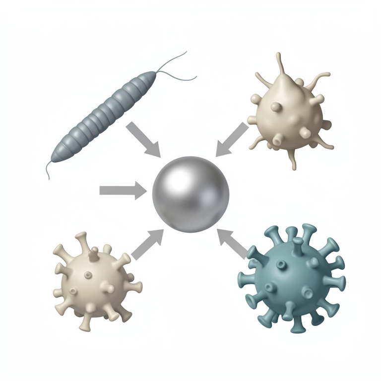 AI-generated conceptual illustration (silver nanoparticles, a bacterium, a fungus, and a virus). It explains the idea and does not show study data.