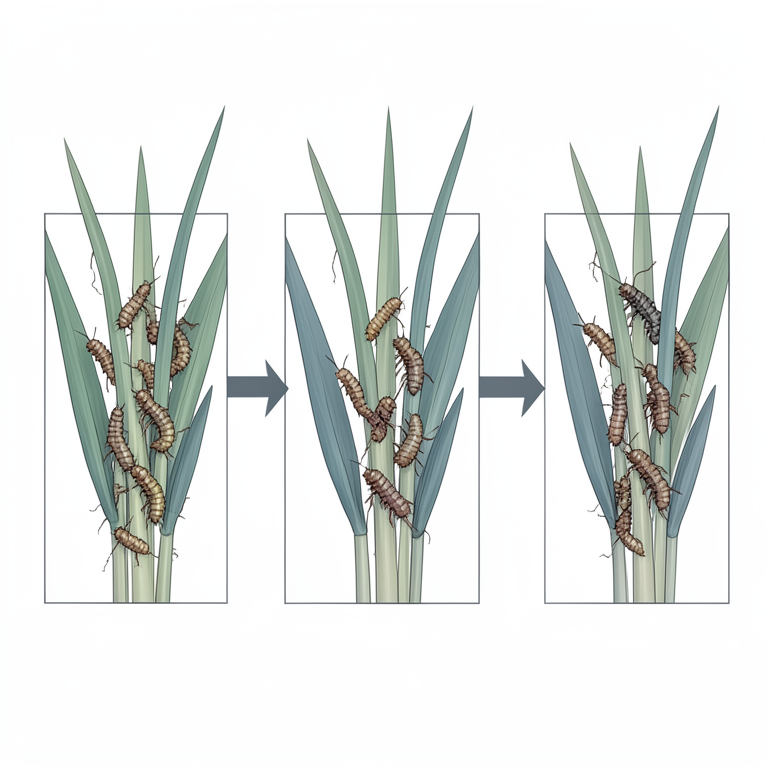 AI-generated conceptual illustration (paddy plants and stem borer larvae). It explains the idea and does not show study data.